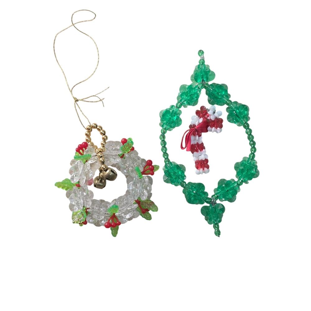 Vintage Beaded Wreath and Candy Cane Christmas Ornaments Holiday EUC